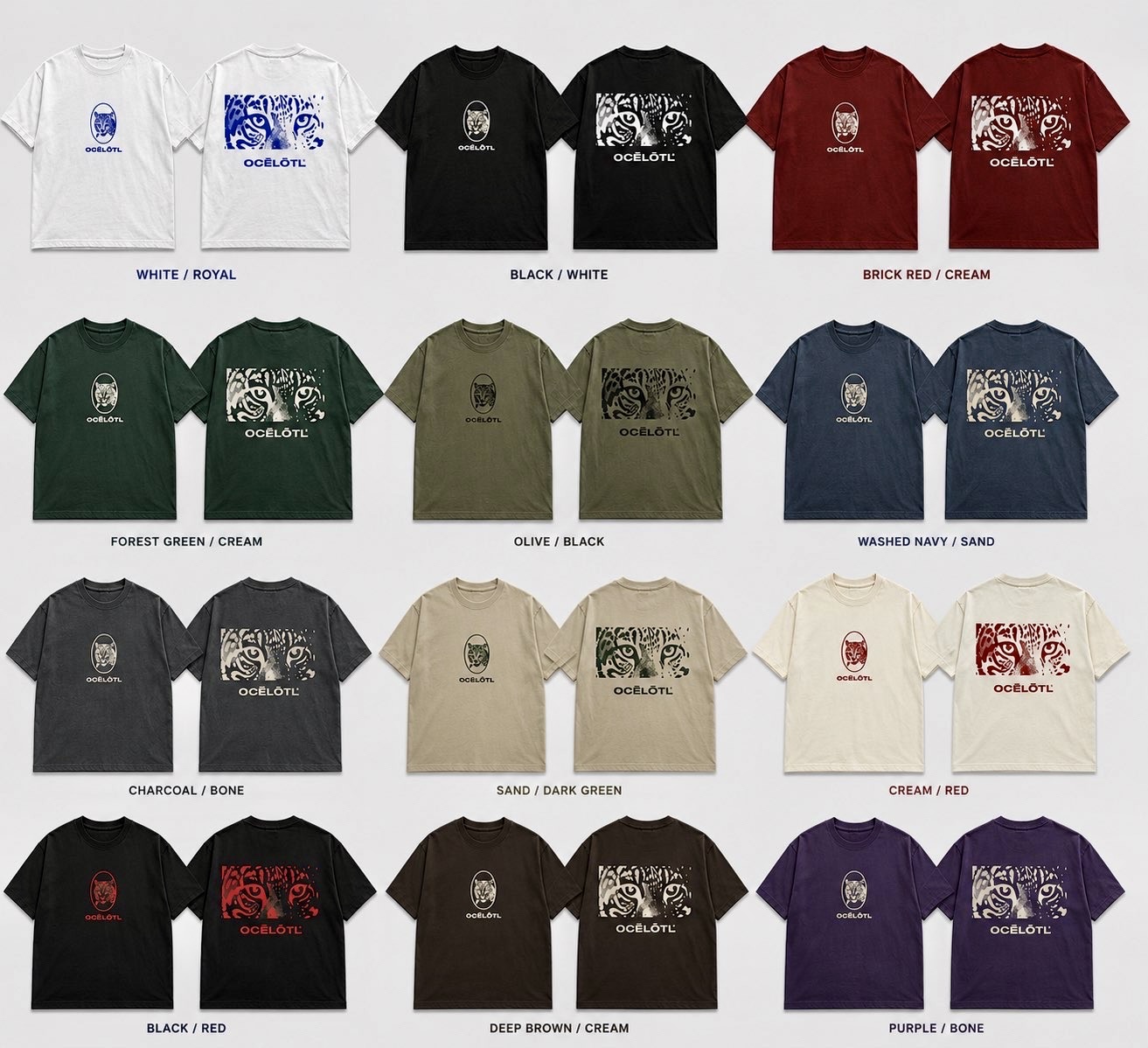 Ocelotl graphic T-shirt collection in multiple colorways